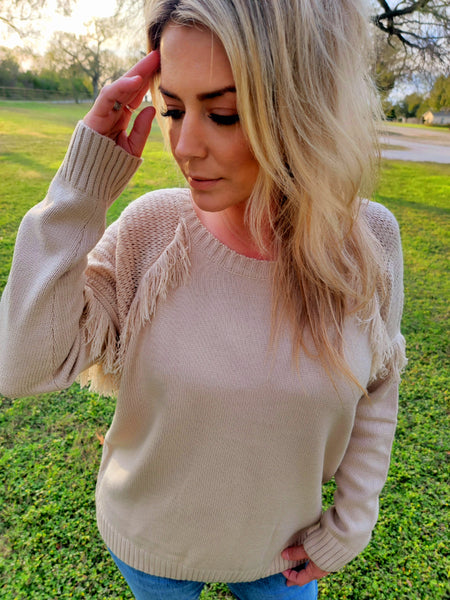 Shoulder Textured Fringe Sweater Top