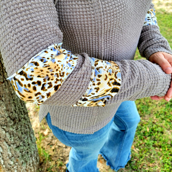 Leopard Print Sleeve Waffle Thermal Top