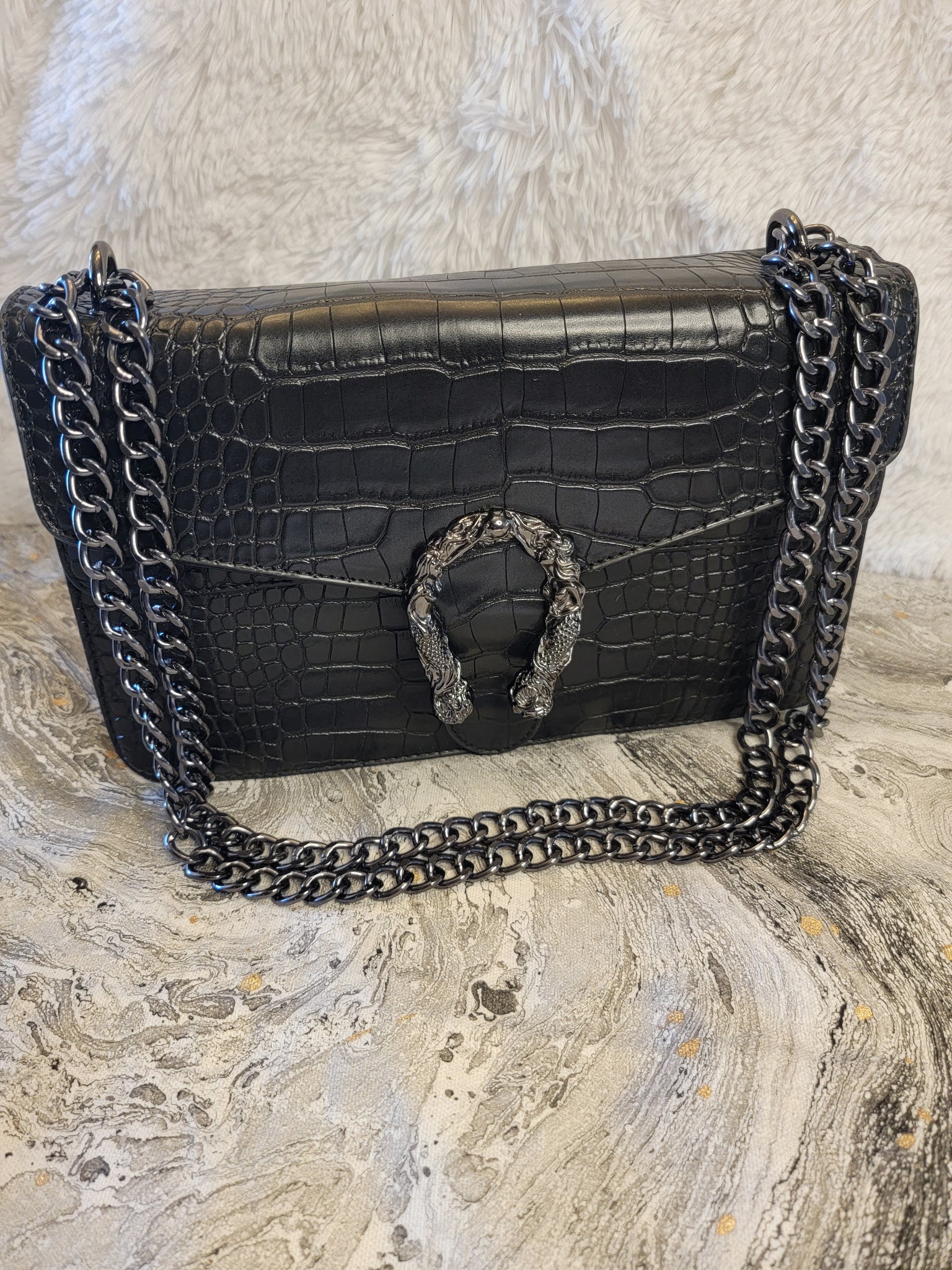 Elegant Shoulder Handbag in Faux Snakeskin Fabric - Black