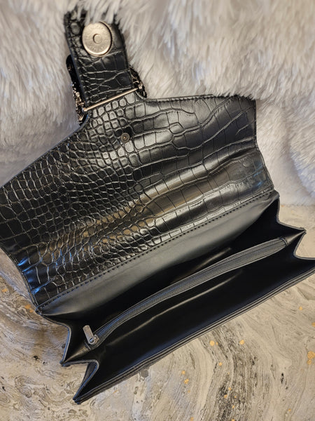 Elegant Shoulder Handbag in Faux Snakeskin Fabric - Black