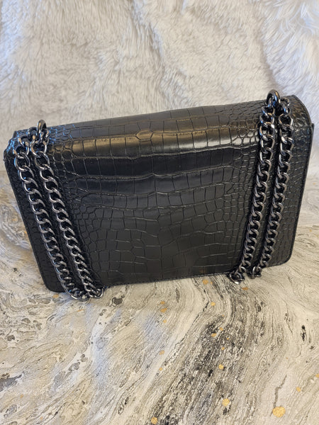 Elegant Shoulder Handbag in Faux Snakeskin Fabric - Black