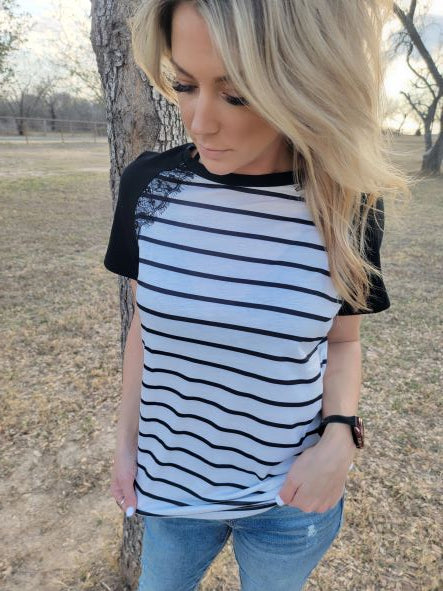 Striped Short Sleeve Lace