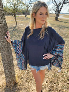 Fallon Embroidered Sleeve Poncho - Navy